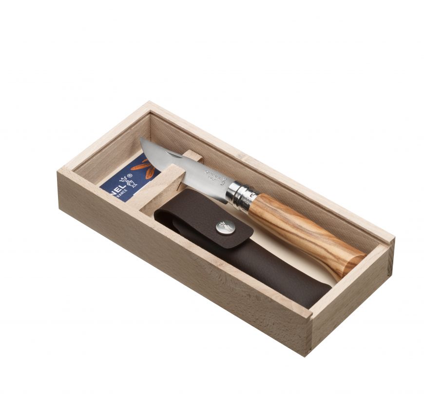Opinel No.8 Olive Wood + Sheath in Timber Box